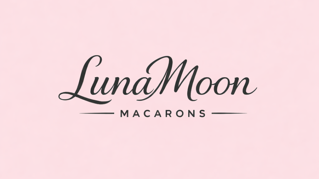 Luna Moon Macarons logo on a pink background